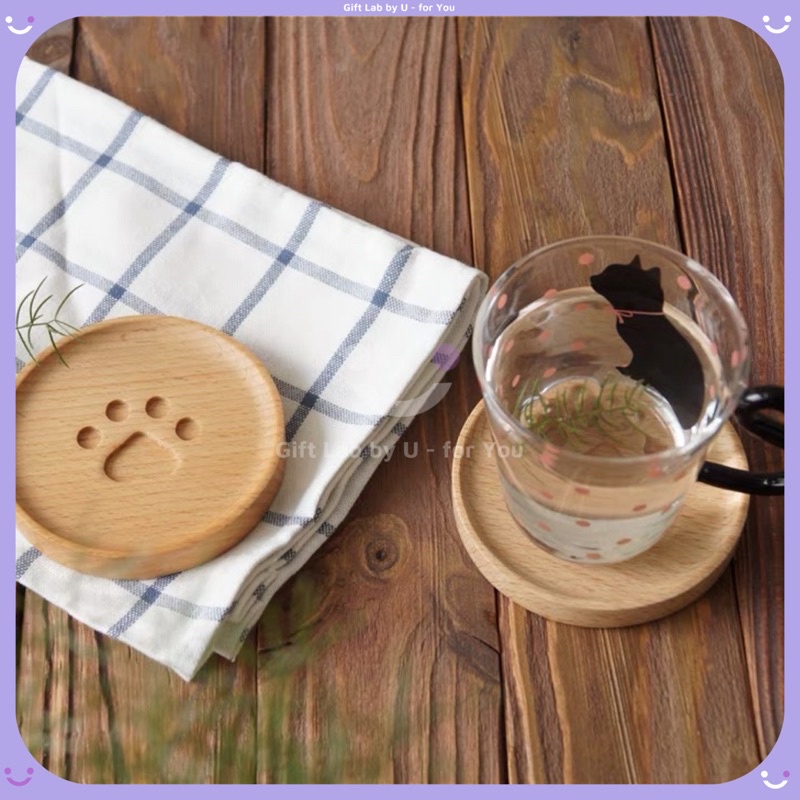 Lót cốc gỗ cao cấp hình bàn chân mèo siêu dễ thương