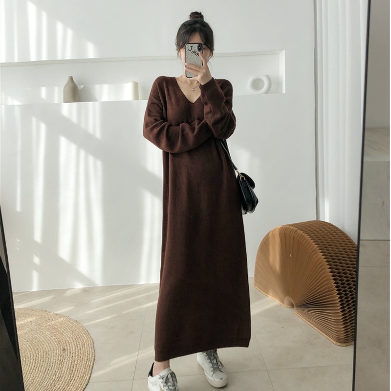 Đầm len dáng suông rộng cổ chữ V thời trang thu đông mới cho nữ