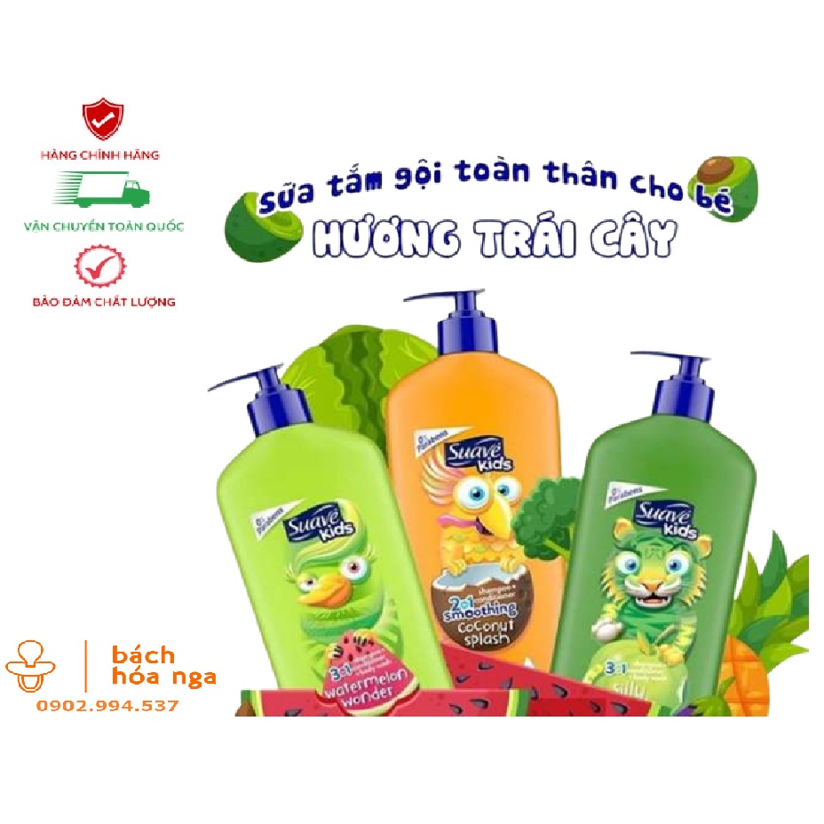 Sữa Tắm Gội Xả Suave Kids Mỹ 3in1 Hương Trái Cây Watermelon Wonder 1.18L