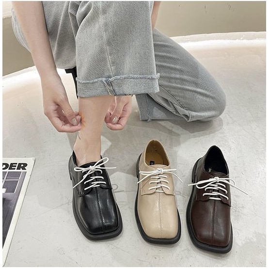 Giày Nữ Ulzzang Vintage, Giày Oxford Doctor Mũi Vuông Da Mềm Thắt Dây Trắng Đế Độn 3cm, Hàn Quốc - Iclassy_shoes