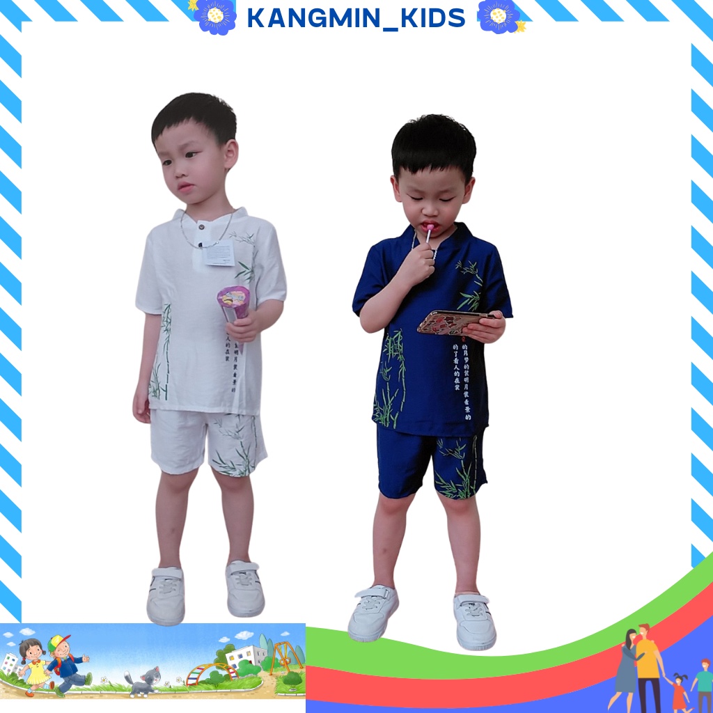 Đồ bộ bé trai Hàn Quốc Kangmin kids  Bộ quần áo cộc tay bé trai Chất Đũi in hình cây tre Từ 6-28kg