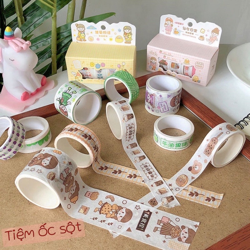 Hộp 4 cuộn băng keo Washi hoạt hình dễ thương dùng trang trí sổ tay