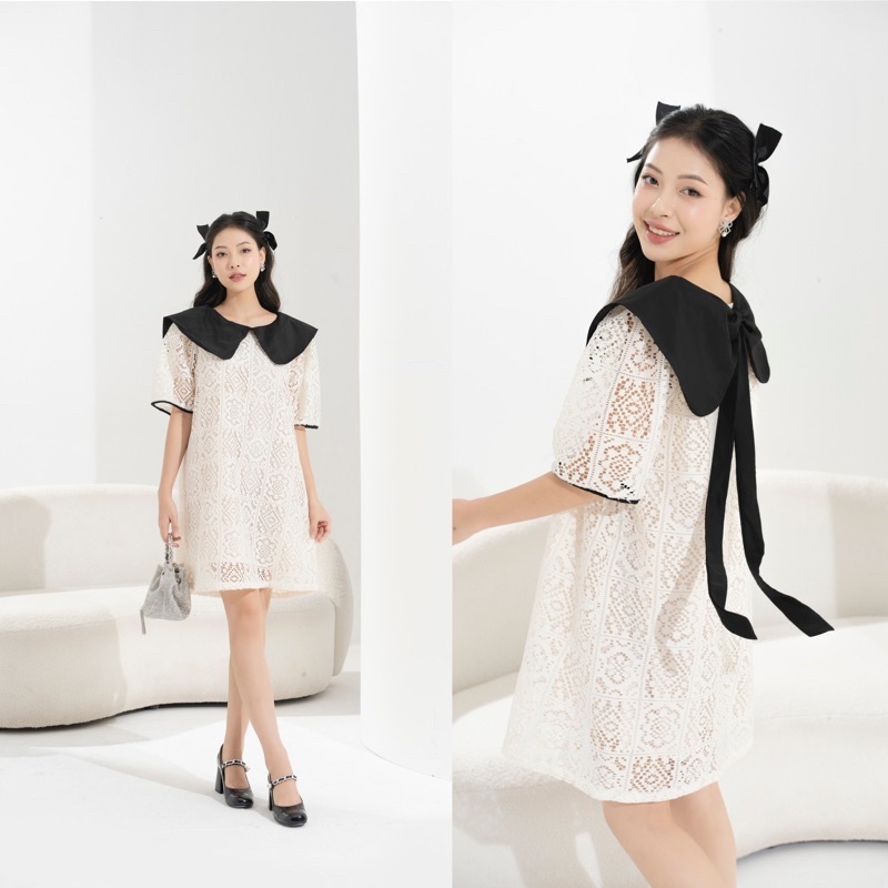 Váy Ren Cổ Nơ Đen Dáng Suông A Rất Xinh