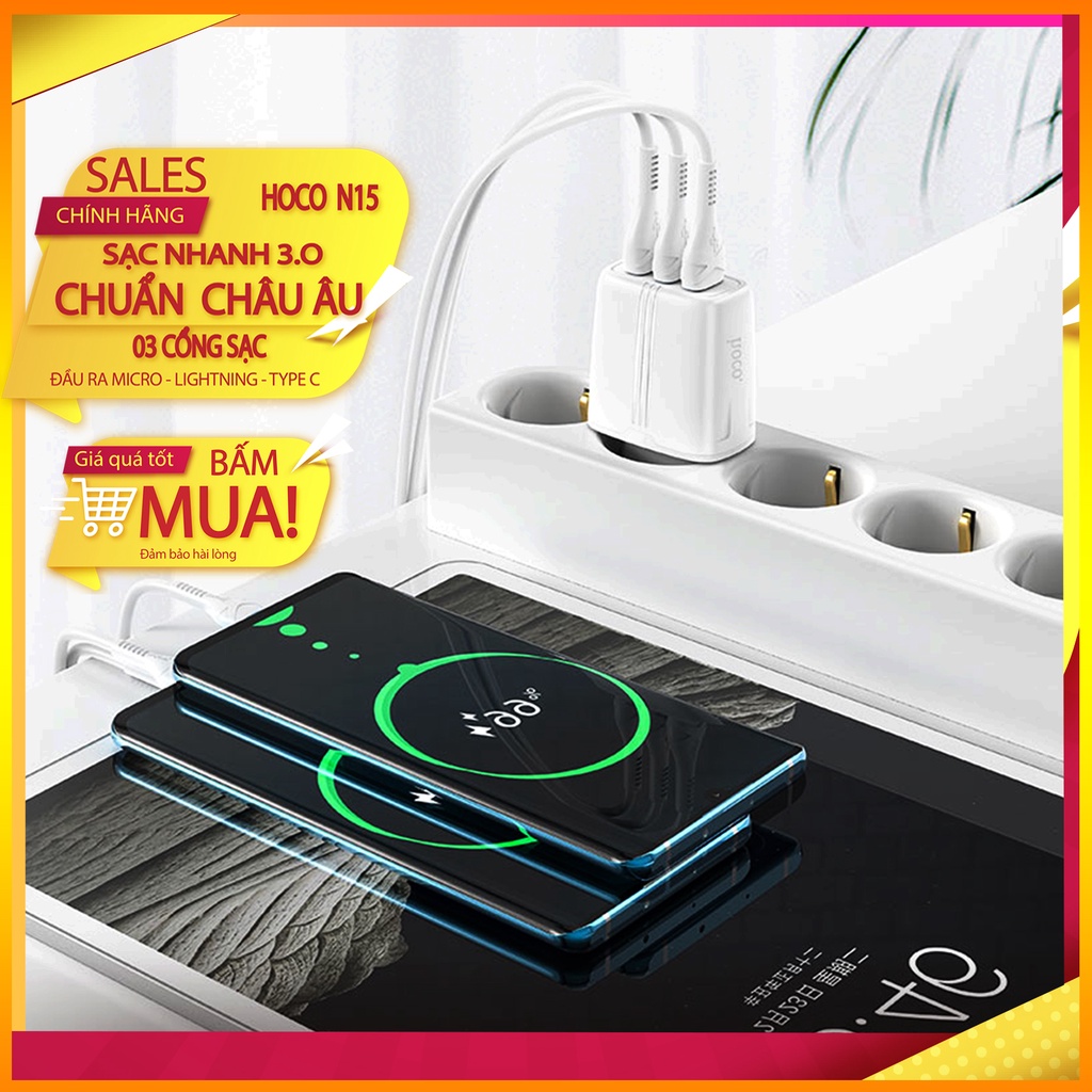 Củ sạc IP, sạc SS chính hãng Hoco N15, 03 cổng 17W/3A , củ sạc nhanh IP12 - Phụ kiện NQK