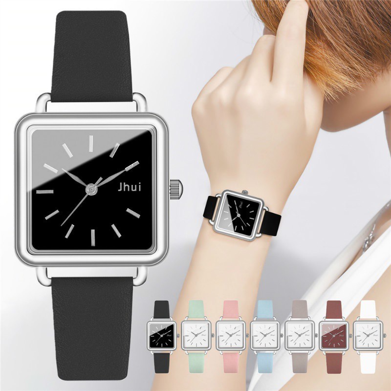 Đồng hồ kiểu máy thạch anh dây đeo bằng da mặt vuông thời trang đơn giản cho nữ