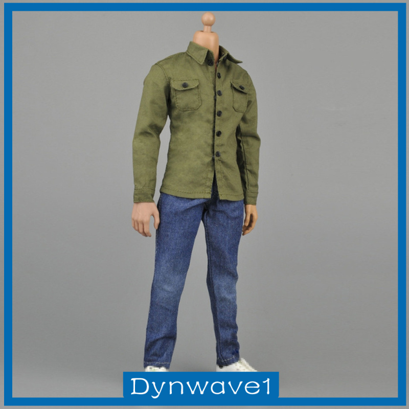 Set 1 / 6 Áo Sơ Mi Tay Dài Màu Xanh Lá + Thắt Lưng + Quần Jeans Xanh Quân Đội Cho Mô Hình 12 "