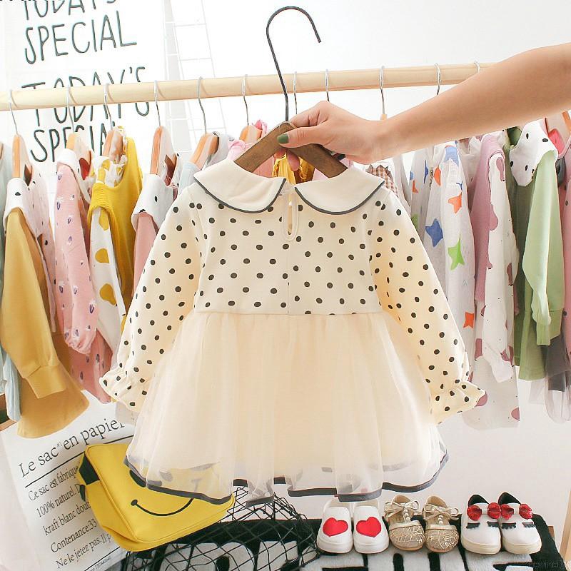 Đầm tay dài họa tiết chấm bi dễ thương cho bé gái