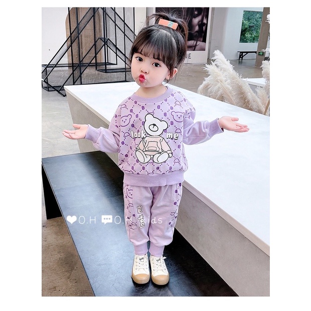 Bộ dài tay cho bé cotton thu đông, co dãn 4 chiều cho bé gái hình Gấu K034