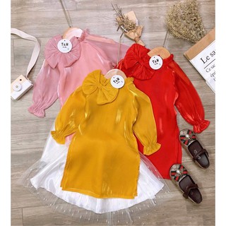 set áo dài nơ voan tơ sóng cho bé gái