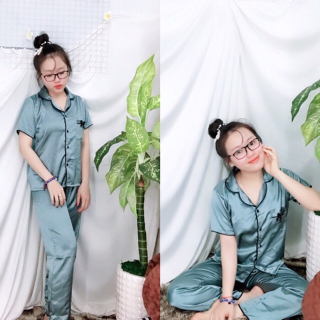Pizama phi lụa tay ngắn quần dài nơ