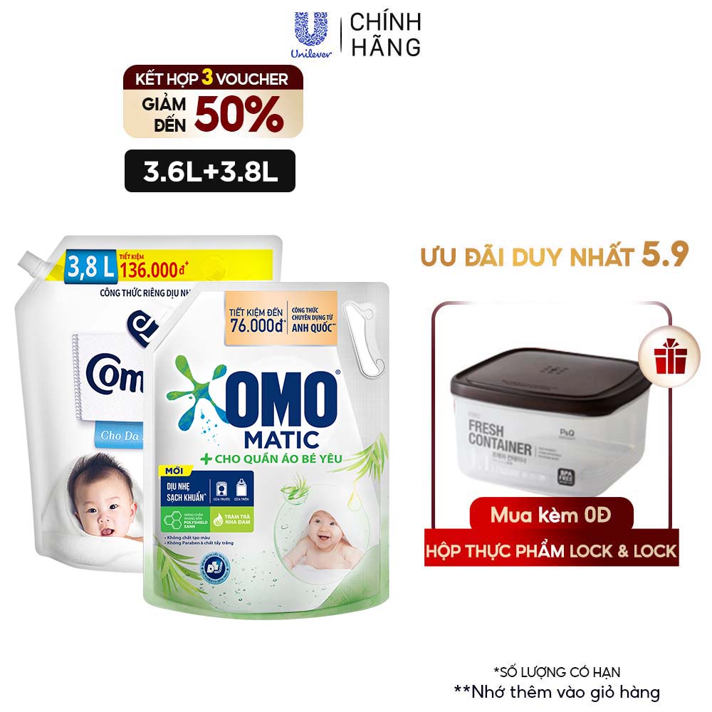 Combo Túi Nước Giặt Omo Matic Baby 3.6kg + Nước xả vải Comfort Cho Da Nhạy Cảm Túi 3.8L