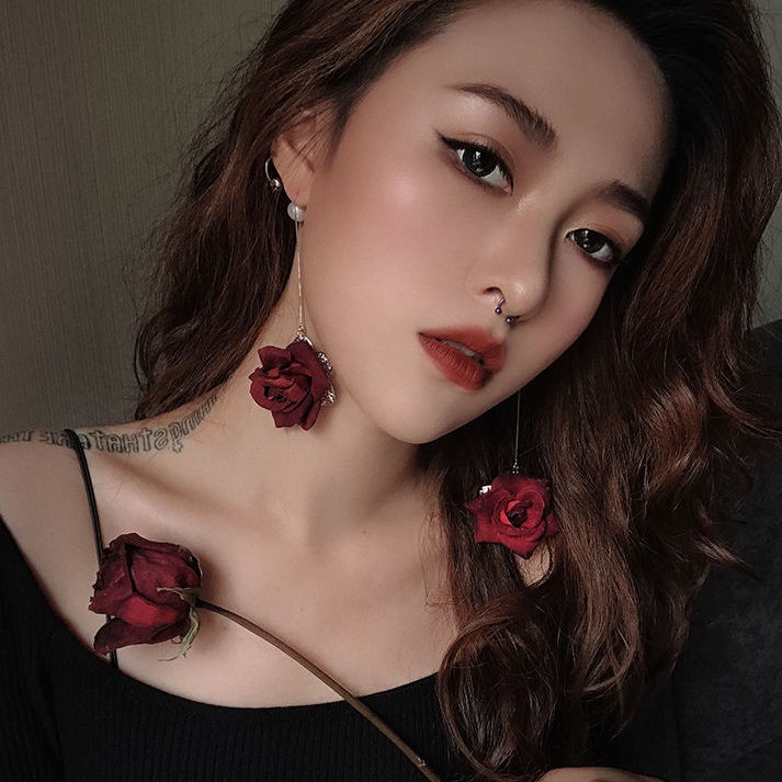 Hoa Tai Dáng Dài Hình Hoa Hồng Đỏ Đen Thời Trang 2020