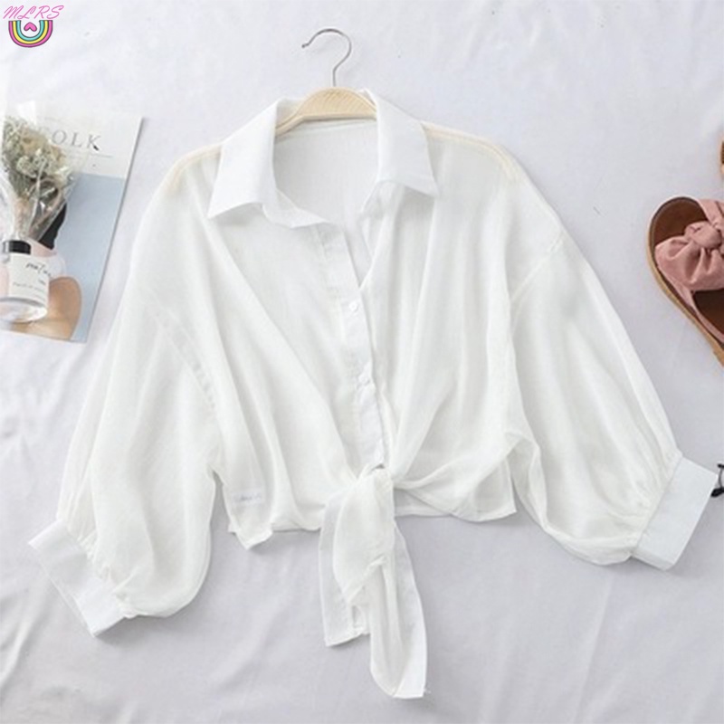Áo Sơ Mi Chiffon Tay Lửng Dáng Rộng Cột Dây Phía Trước Chống Nắng Thời Trang Mùa Hè Cho Nữ