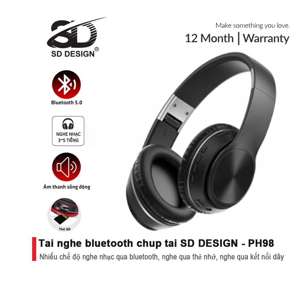 Tai nghe Bluetooth chụp tai chính hãng SD Design PH98, âm thanh chất lượng cao, sắc nét, hỗ trợ thẻ nhớ, Bluetooth 5.0