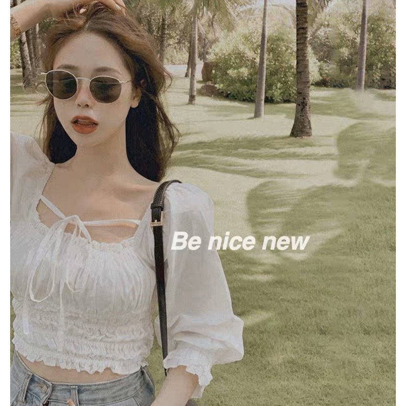 Áo croptop trắng trễ vai buộc dây cổ, Áo croptop trắng trễ vai bèo sang chảnh phong cách Hàn Quốc | BigBuy360 - bigbuy360.vn