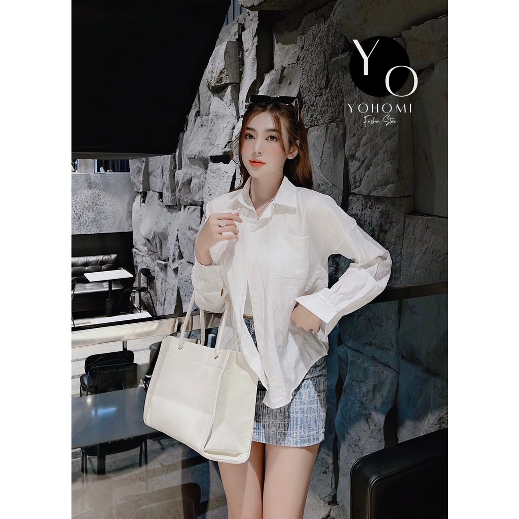 Áo sơ mi trắng trơn sơ mi đũi thụng phom rộng trơn 2 túi dài tay, sơ mi trắng nữ xinh xắn YoYo