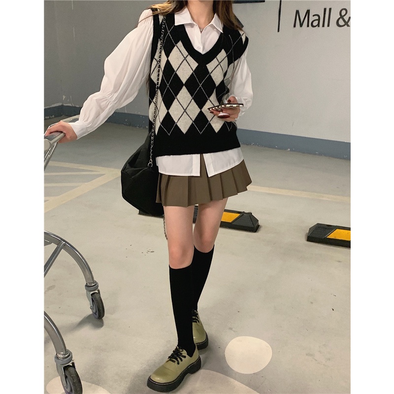 Áo gile len nữ ulzzang họa tiết ô trám chất len dệt kim đẹp áo len không tay cá tính - AL12 (sẵn) | BigBuy360 - bigbuy360.vn