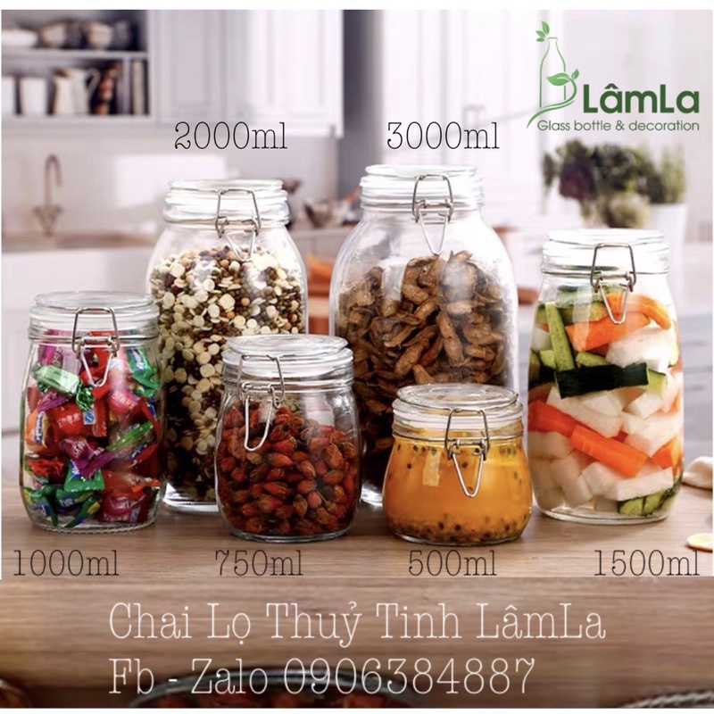 Hũ Lọ Thuỷ Tinh Tròn Nắp Cài Khoá Inox 2000ML | Lọ Thuỷ Tinh Đựng Gia Vị , Thực Phẩm