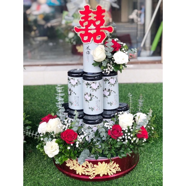 Vỏ lon thiếc màu trắng, màu xanh siêu sang, siêu đẹp xếp giỏ quà ngày tết, trang trí tráp lễ cưới hỏi.