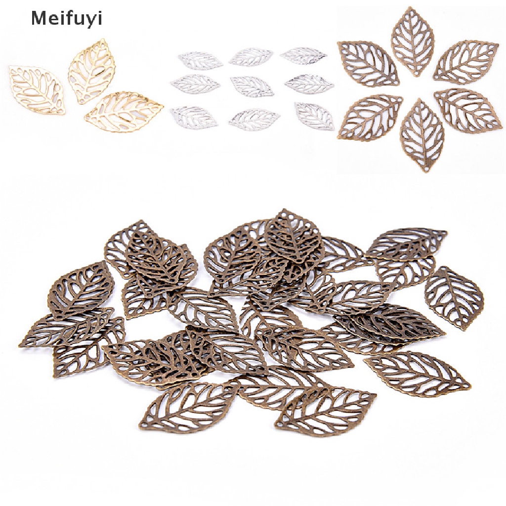 [Meifuyi] 50PCS Charm Filigree Hollow Leaves Pendant DIY Jewelry Making Leaves Metal Craft COD