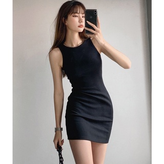 Phong cách mùa hè gợi cảm bó sát không tay Váy Vest Mini màu đen