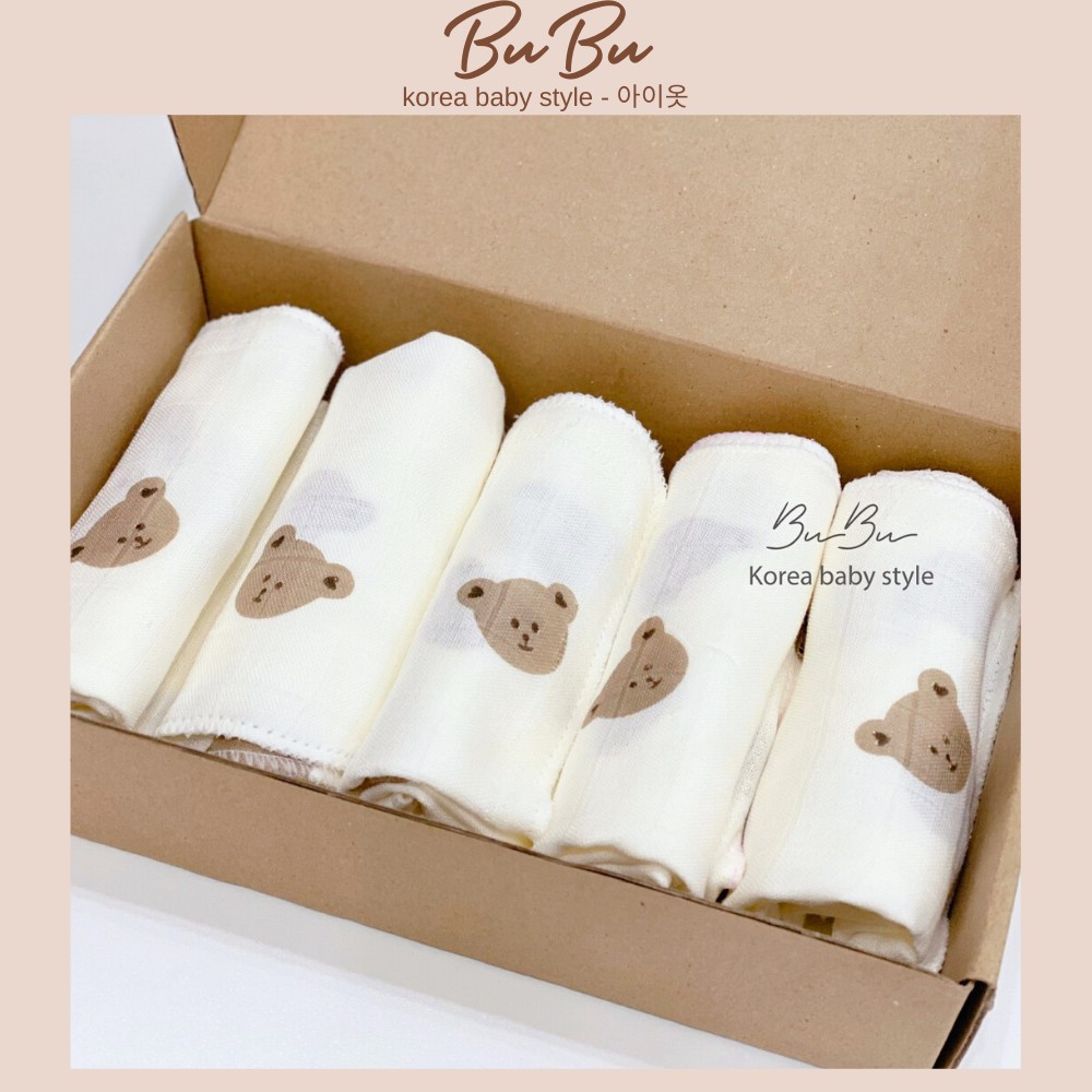 Khăn Sợi Tre Hình Họa Tiết Kháng Khuẩn, Siêu Thấm Hút Mềm Mịn 3 Lớp ❤️ Hàng Thiết Kế Bubu (Có Set 5 Khăn)