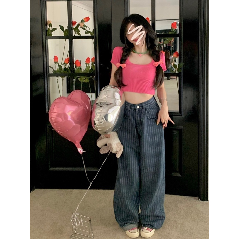 HUANG YOYO Áo Thun Tay Ngắn Dệt Kim Vải Lụa Mỏng Màu Hồng Thời Trang Mùa Hè Hàn Quốc Cho Nữ 2023 croptop