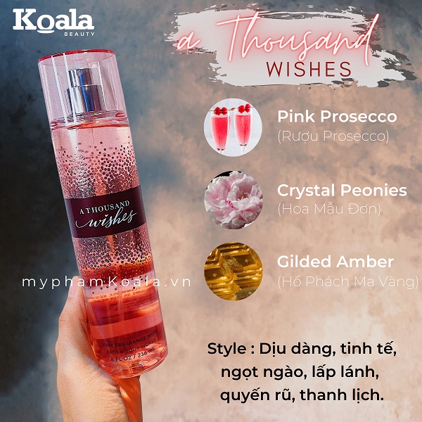 Body mist A thousand wishes 236ml Xịt Thơm toàn thân Hương Thơm ngọt ngào, Cá Tính
