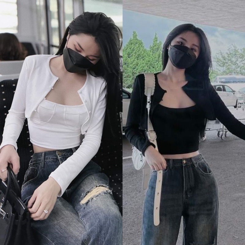 Set áo khoác zip mỏng kèm áo 2 dây dài tay phong cách hàn quốc