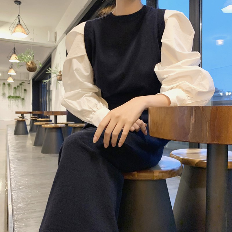 Váy len pha tay sơ mi bồng retro thu đông GNCM