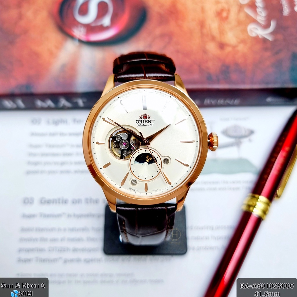 Đồng Hồ Nam ORIENT SUN & MOON 6 RA-AS0102S00C ( RA-AS0102S10B ) AUTOMATIC Dây Da Rose Mặt Trắng