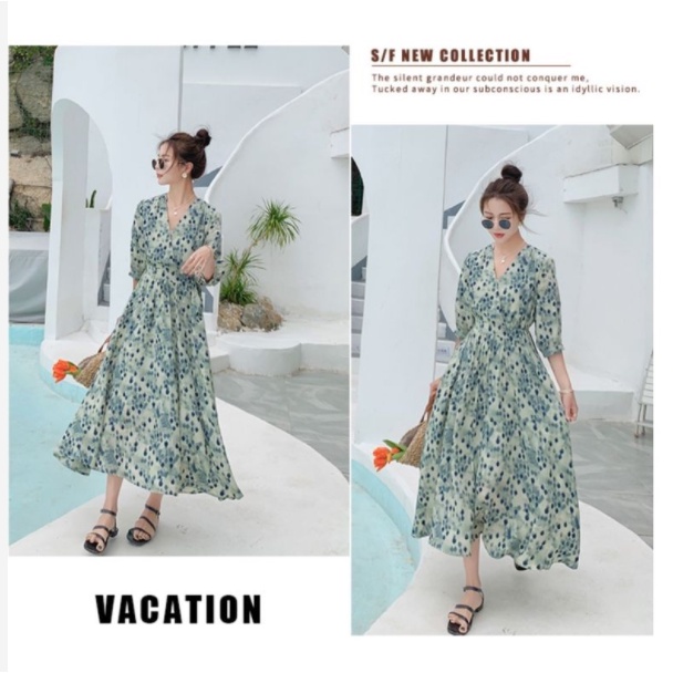 Đầm Hoa Dáng Dài Chiết Eo Phong Cách Pháp Thời Trang Mới Cho Nữ