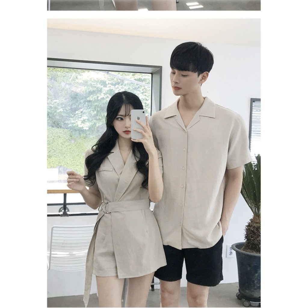 Áo đôi đồ đôi 🌼FREESHIP🌼 Set váy jum áo sơ mi cặp đôi nam nữ dễ thương du lịch màu nude