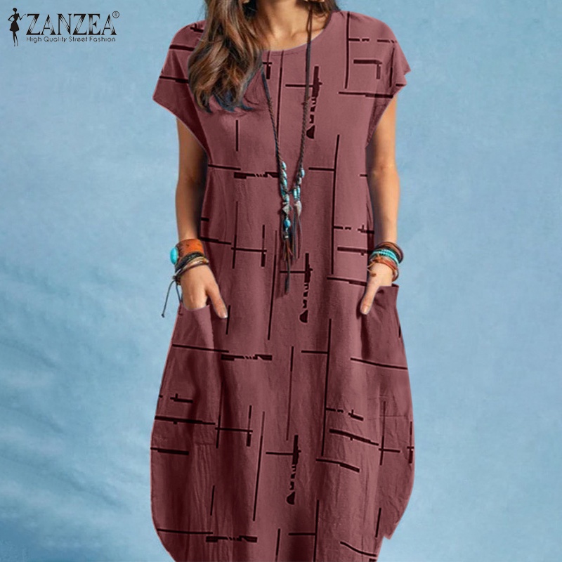 Zanzea Đầm Midi Ngắn Tay Cổ Tròn In Họa Tiết Phong Cách Châu Âu Thời Trang Cho Nữ