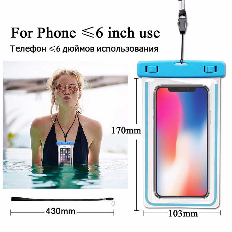 [OEM]Túi chống nước WaterProof dạ quang phát sáng cho điện thoại 6 inch chuẩn chông nước IPx8 cao cấp