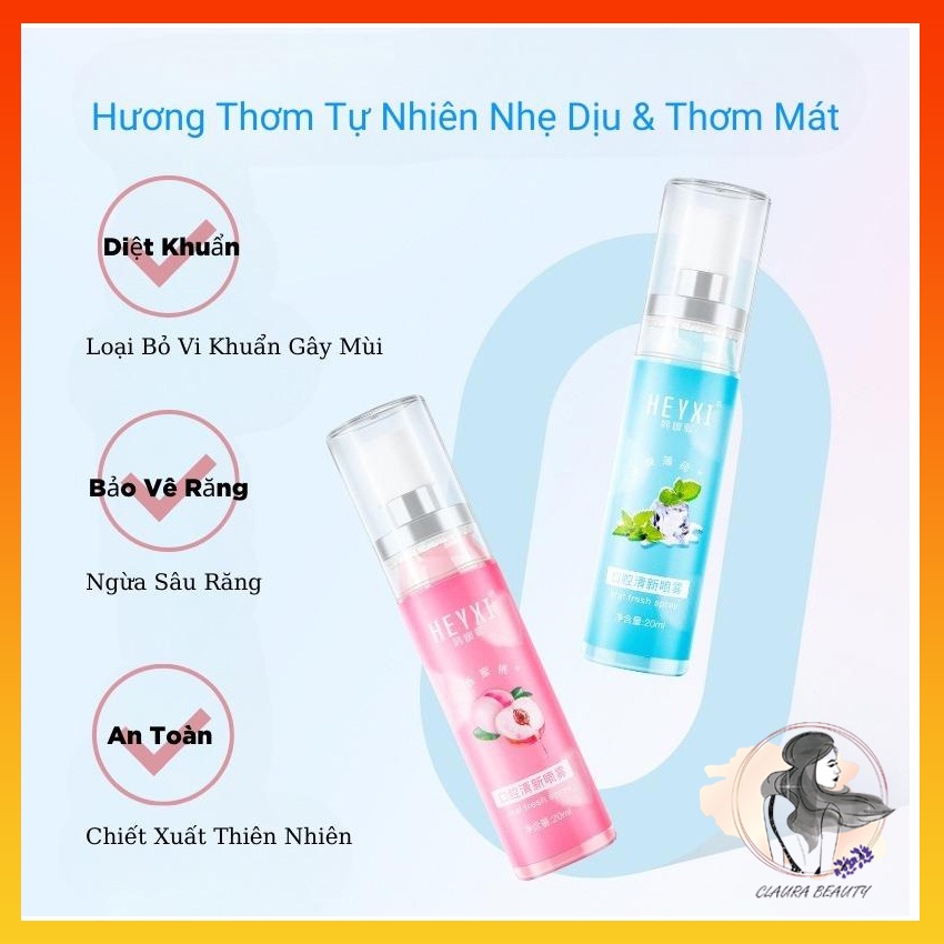 Xịt Thơm Miệng HEYXI Hoa Quả, Hơi Thở Thơm Mát, Lưu Hương Suốt 8H, Vệ Sinh Khoan Miệng CLAURA  BEAUTY