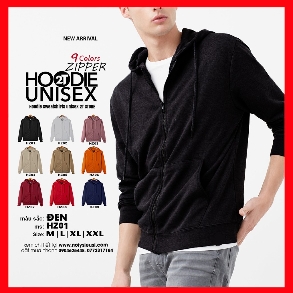 Áo hoodie zipper unisex 2T Store HZ01 màu đen - Áo khoác nỉ dây kéo nón 2 lớp dày dặn chất lượng đẹp | BigBuy360 - bigbuy360.vn