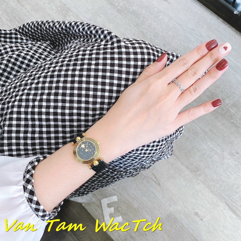 Đồng hồ nữ Versace mini vanitas 30mm máy Swiss quartz, mẫu mặt tròn 2 màu viền vàng, họa tiết mặt trùng họa tiết dây da
