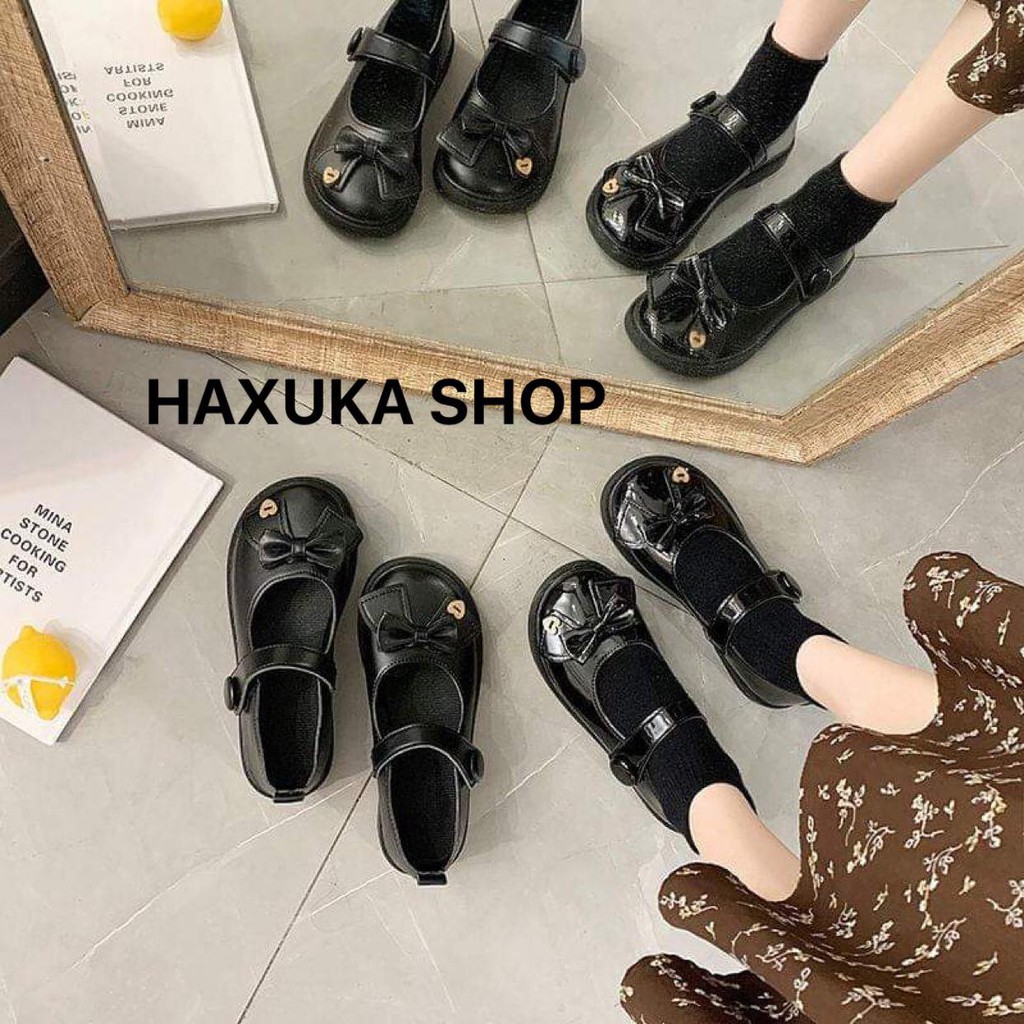 (ORDER) Giày da Retro đế bắng cài quay gắn nơ hai màu Đen Nhám và Đen Bóng | BigBuy360 - bigbuy360.vn