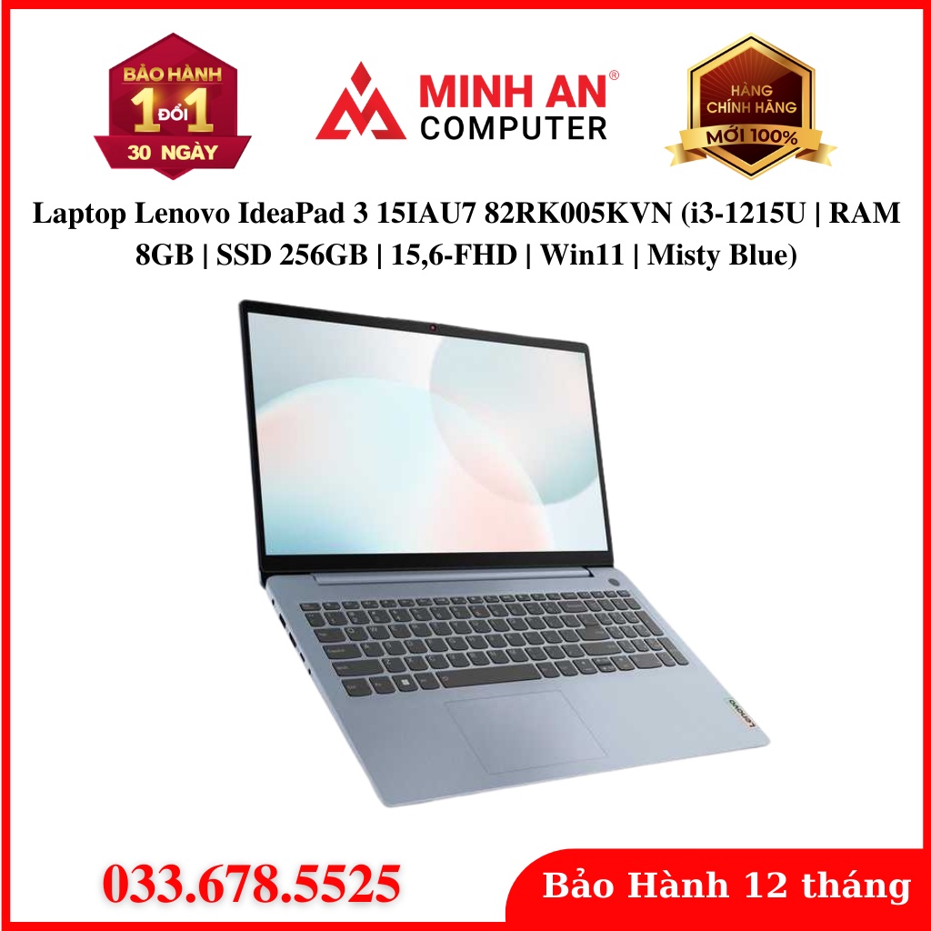 Laptop Lenovo IdeaPad 3 15IAU7 82RK005KVN (i3-1215U | RAM 8GB | SSD 256GB | 15,6-FHD | Win11 | Misty Blue) Chính Hãng