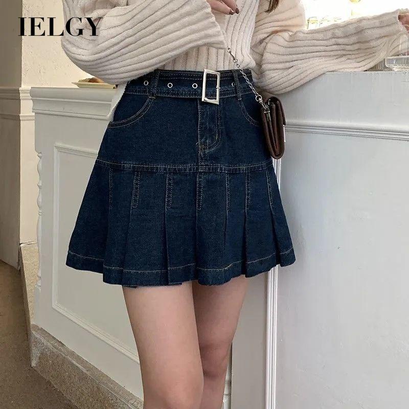 Chân váy jean IELGY ngắn mỏng xếp nếp phong cách cổ điển dễ phối đồ cho nữ