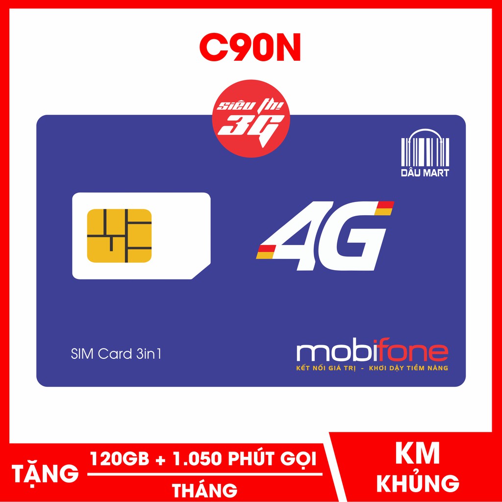 Sim 4G Mobifone C90N 120 GB/tháng tốc độ cao + 1000 phút nội mạng + 50 phút liên mạng