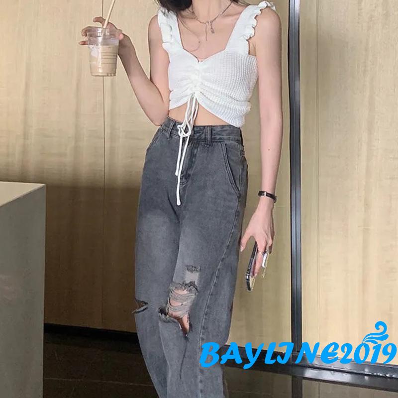 BAY-Women´s Sleeveless Knitted Tank Tops, Solid Color Front Tie-Up Ruffles Decor Backless Vest, Casual Simple Short