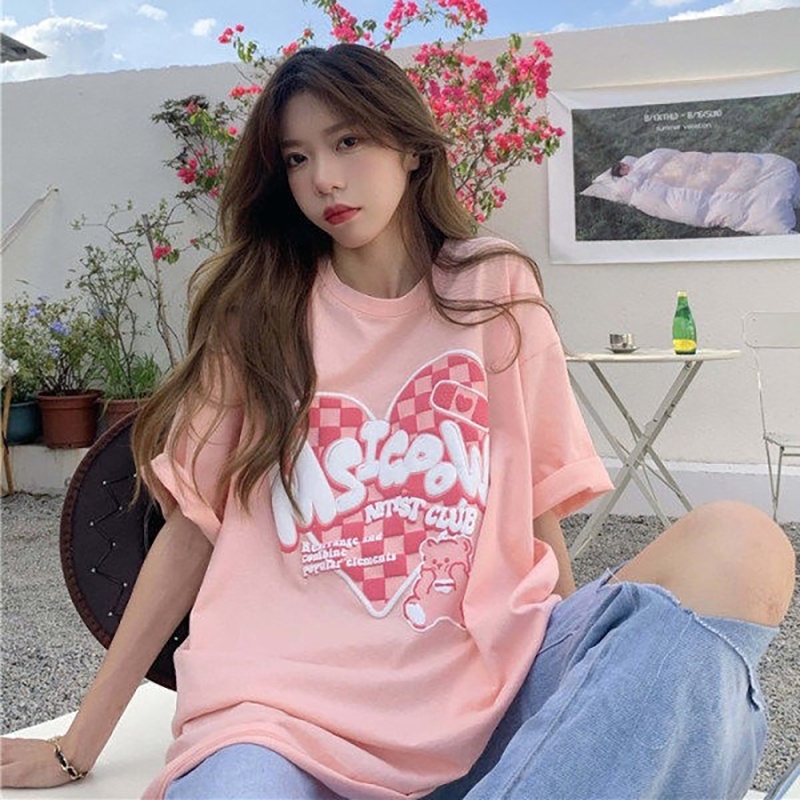 Cherryshop Sẵn sàng giao hàng 🔥Áo Thun Tay Ngắn Thời🍄 Oversize Dễ thương Ngọt Ngào Màu hồng tình yêu gấu in Áo Thun Đen trắng hồng ba màu