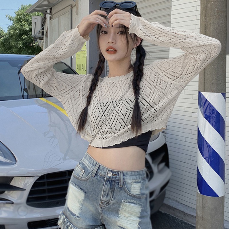 Áo Crop Top Dệt Kim Tay Dài Cổ Tròn Màu Sắc Đơn Giản Phong Cách Hàn Quốc Cho Nữ