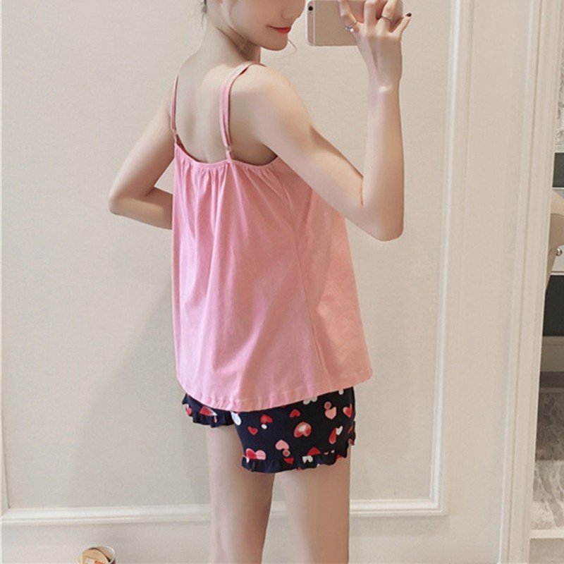 Set đồ ngủ áo 2 dây kèm quần sọt in chữ phối họa tiết hoạt hình dễ thương cho nữ