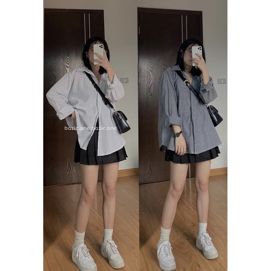 Áo sơ mi kẻ dài tay Hàn Quốc oversize siêu đẹp, áo sơ mi sọc tay dài vạt chéo