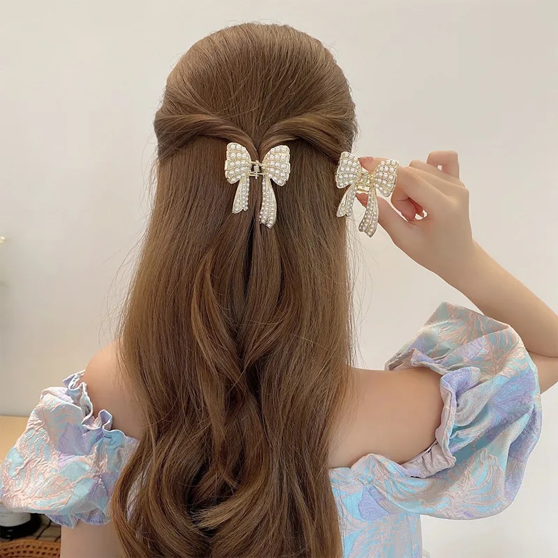 Kẹp Tóc Hình Nơ Đính Ngọc Trai Giả Thời Trang Hàn Quốc Đơn Giản Dành Cho Nữ