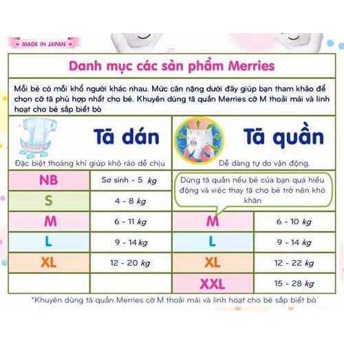 Bỉm Merries [FREESHIP] Bỉm Merries Cộng Miếng Chính Hãng Dán/Quần đủ size NB96/S88/M68/M64/L58/L50/XL44/XXL28