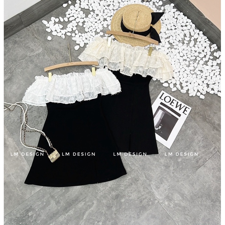 VÁY TRỄ VAI ĐEN XẺ PHỐI THÂN REN BÈO VTVBVH